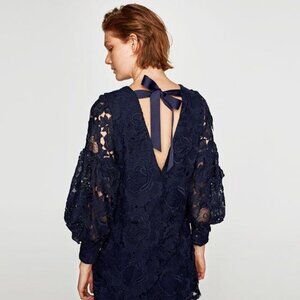 NWT INTRICATE 3D ZARA DRESS | NAVY | SMALL | BALLOON SLEEVES | DETAILED ROSETTE